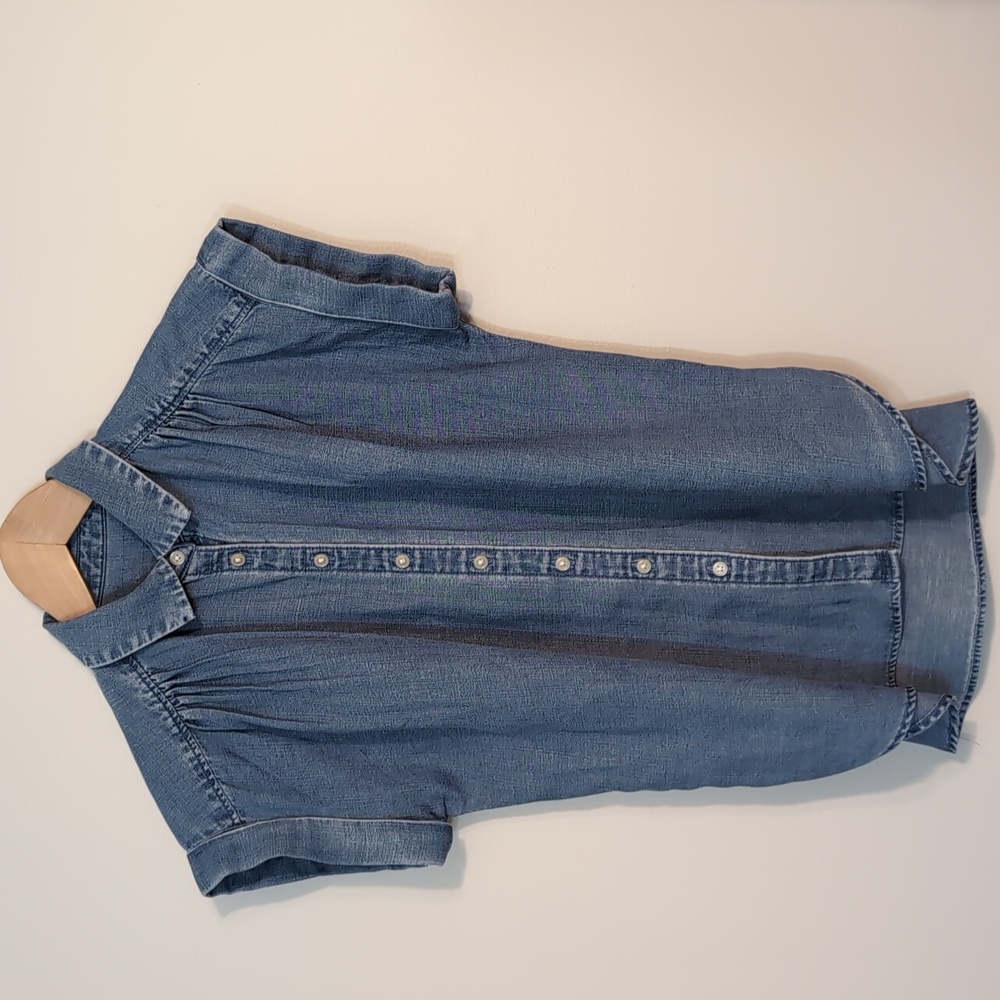 Loft XXSP Button Down Pale Blue Laundered Denim Ladies Short Sleeve Collar Shirt